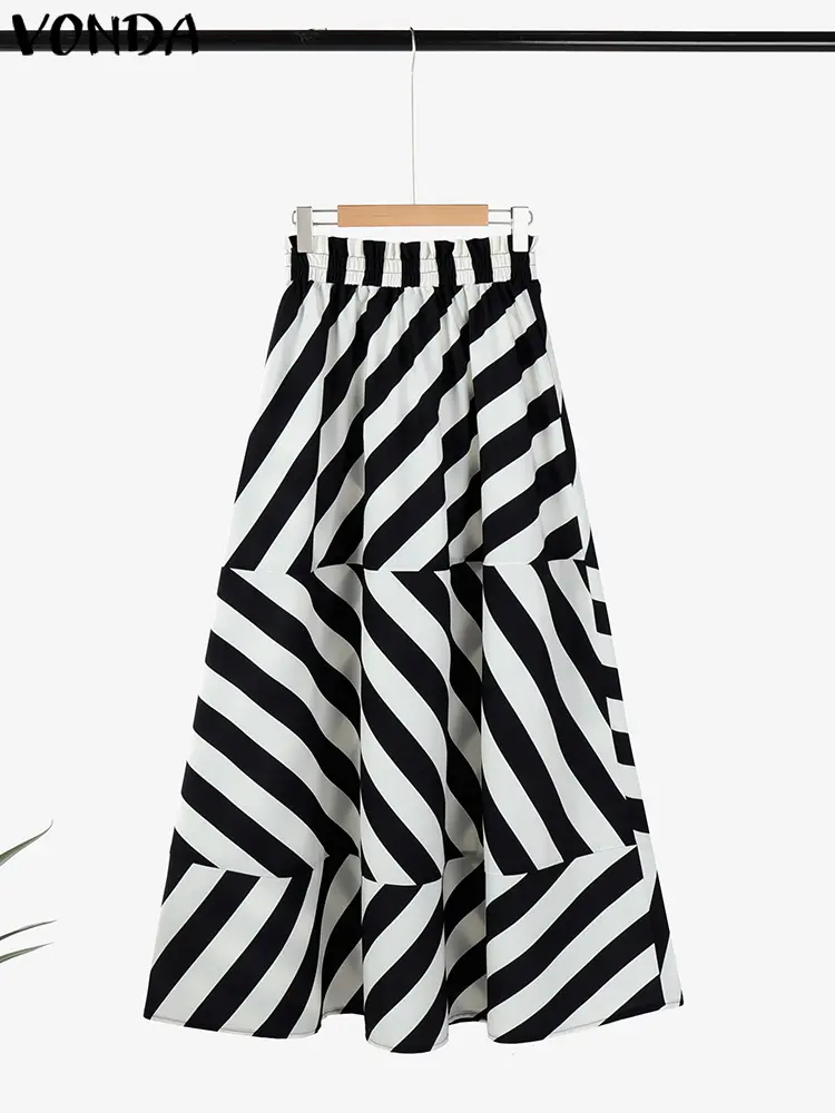 VONDA 2025 Bohemian Striped Maxi Skirts Summer High Elastic Waist Oversized Party Skirts Casual Loose Long Skirt Plus Size 5XL