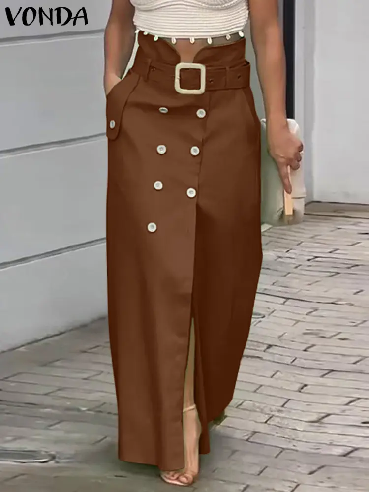 VONDA Women Skirts 2025 Casual Waistband Button Design Slit Long Overskirts Elegant Solid Color Office Lady Bottoms Oversized