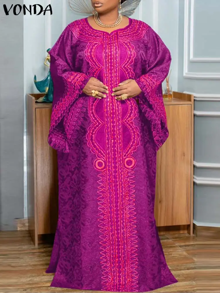 Women Autumn Long Maxi Dress VONDA Long Flare Sleeve Bohemian Printed Vestidos 2024 Vintage Casual Loose Oversized Sundress Robe