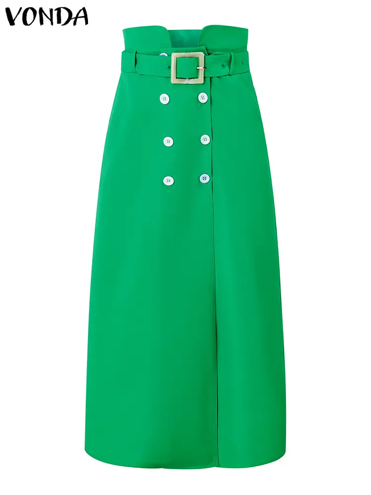 VONDA Women Skirts 2025 Casual Waistband Button Design Slit Long Overskirts Elegant Solid Color Office Lady Bottoms Oversized