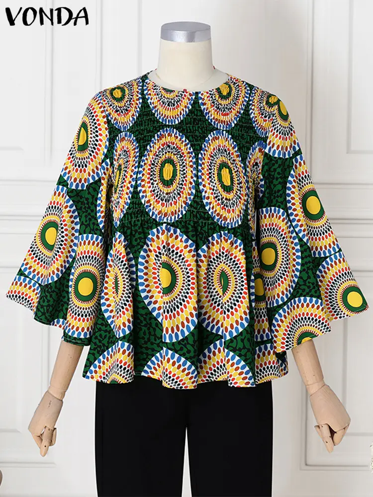 VONDA Printing Blouses 2024 Women Fashion Tops Casual Flare Long Sleeve Loose O-Neck Holiday Bohemian Blusas Oversized
