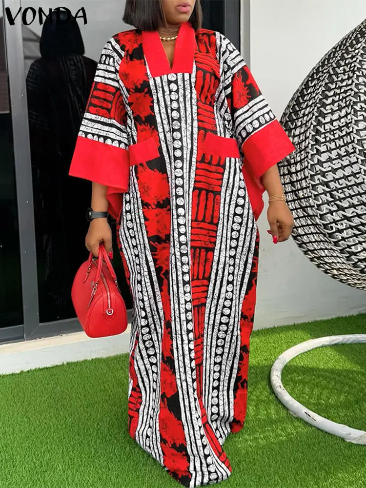 Plus Size VONDA Print Dress Women Summer Party Maxi Vestido 2025 Vintage V-Neck 3/4 Sleeve Casual Oversize Bohemian Robe 5XL