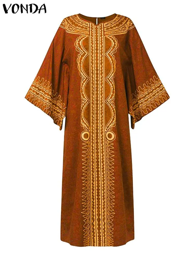 Women Autumn Long Maxi Dress VONDA Long Flare Sleeve Bohemian Printed Vestidos 2024 Vintage Casual Loose Oversized Sundress Robe