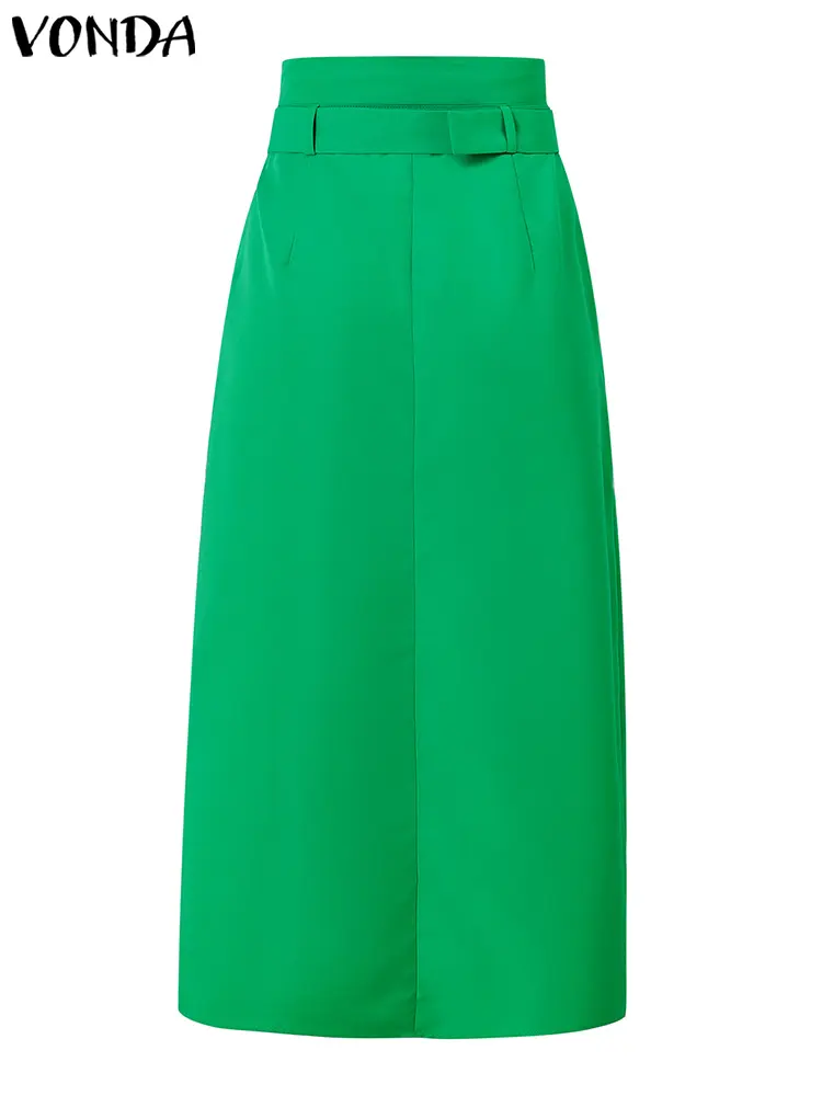 VONDA Women Skirts 2025 Casual Waistband Button Design Slit Long Overskirts Elegant Solid Color Office Lady Bottoms Oversized