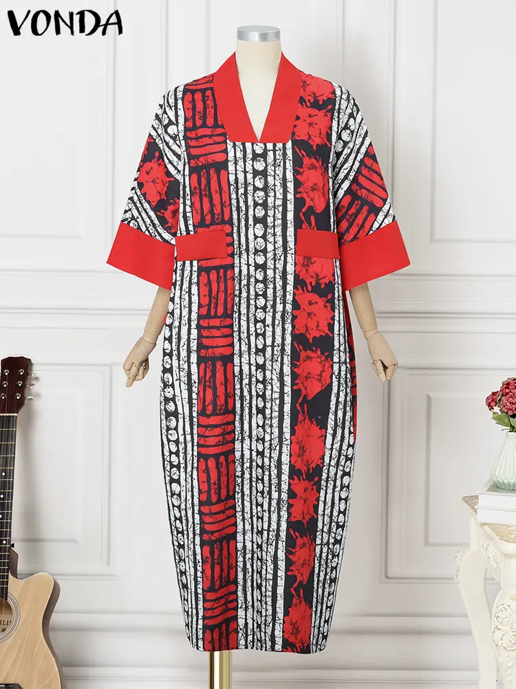 Plus Size VONDA Print Dress Women Summer Party Maxi Vestido 2025 Vintage V-Neck 3/4 Sleeve Casual Oversize Bohemian Robe 5XL