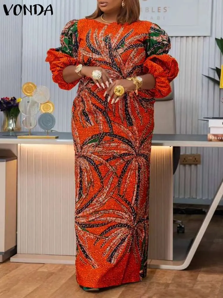 Fashion Women Dresses VONDA Bohemian Maxi Dress 2024 Long Puff Sleeve Printed Oversized Vestidos Casual O-Neck Vintage Sundress