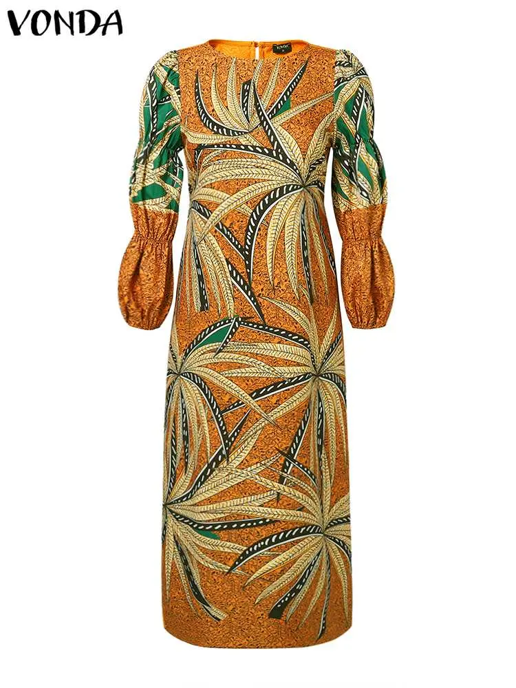 Fashion Women Dresses VONDA Bohemian Maxi Dress 2024 Long Puff Sleeve Printed Oversized Vestidos Casual O-Neck Vintage Sundress