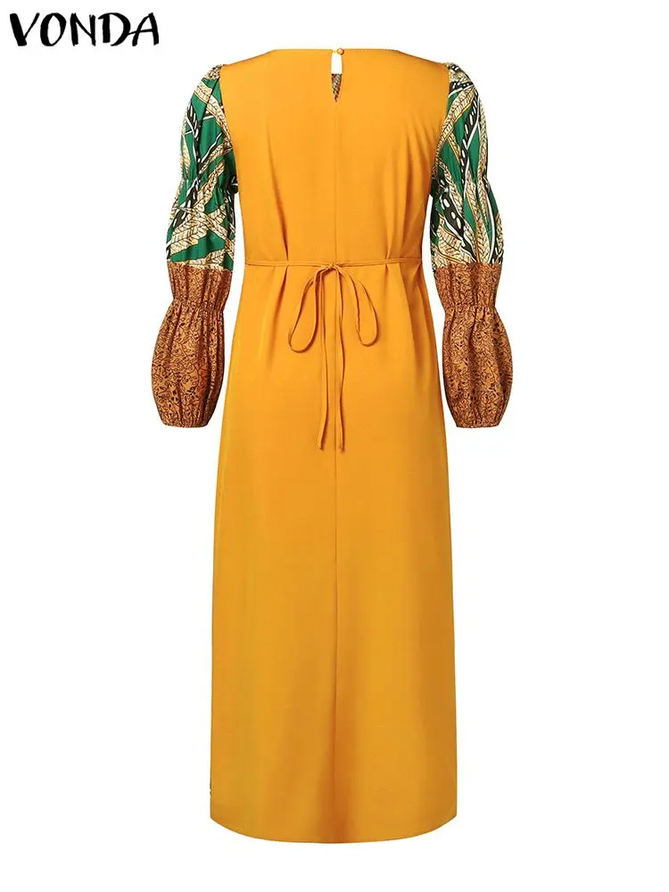 Fashion Women Dresses VONDA Bohemian Maxi Dress 2024 Long Puff Sleeve Printed Oversized Vestidos Casual O-Neck Vintage Sundress