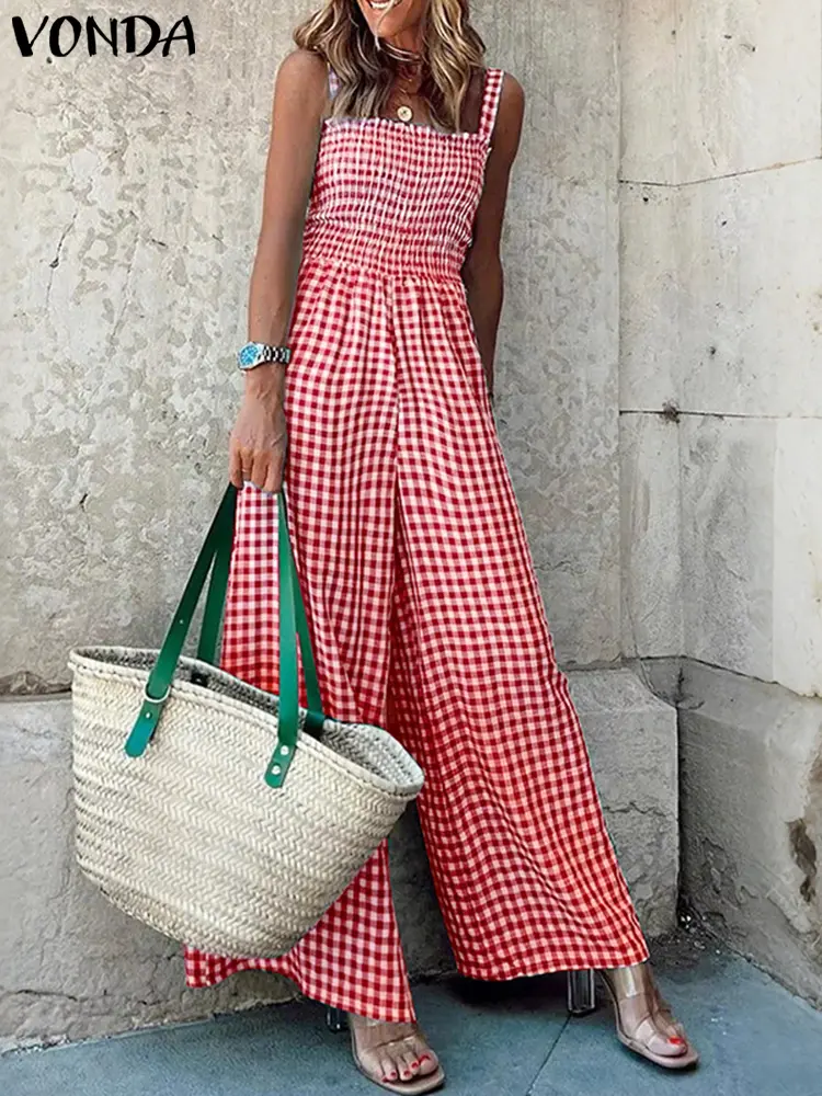 VONDA Women Vintage Plaid Overalls 2025 Bohemian Summer Jumpsuits Sleeveless Rompers Casual Loose Square Neck Wide Leg Playsuits