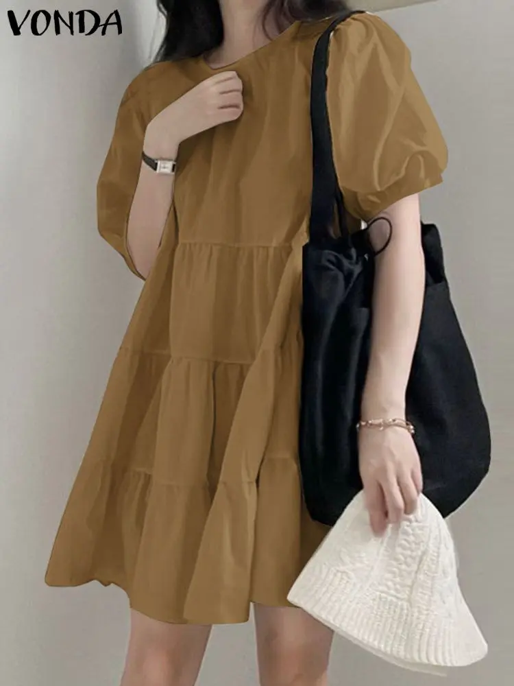 VONDA Fashion Mini Dress Women Summer Sundress 2024 Elegant Round Neck Ruffled Solid Color Party Vestido Short Sleeve Robe Femme