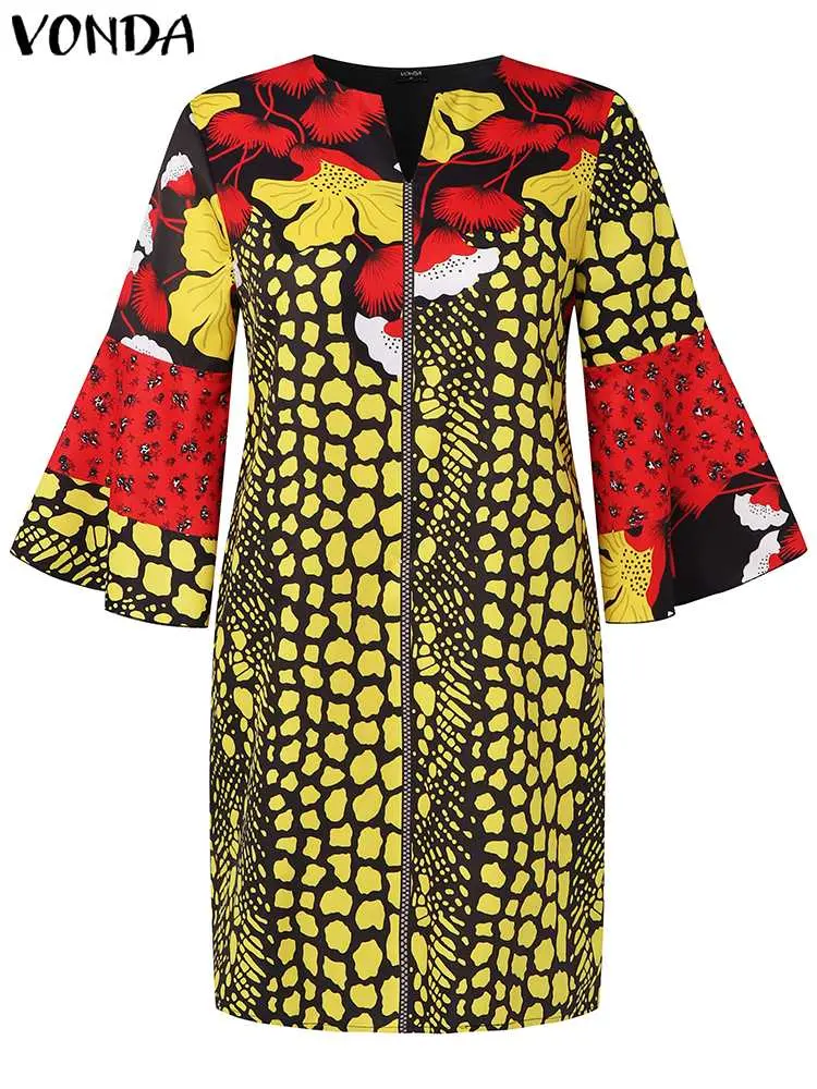 VONDA Women Bohemian Dress 2024 Vintage Printed Short Dress Fashion Flare Sleeve Party Sundress Casual Loose Vestido Robe Femme