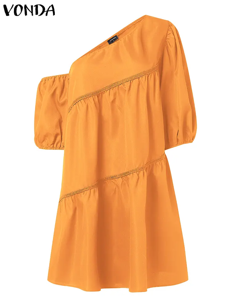VONDA Women Mini Dress Short Sleeve Summer Party Sundress 2025 Fashion Casual Ruffled Vestidos Sexy Skew Collar Solid Robe