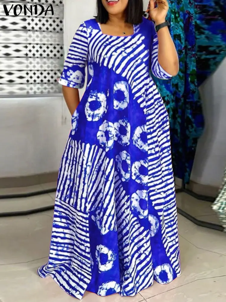Plus Size VONDA Women Summer Party Maxi Dress Bohemian Printed Long Sundress Beach Vestidos 2025 Half Sleeve Casual Loose Robe