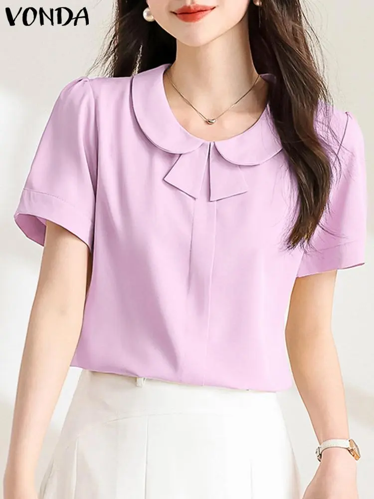 VONDA Women Blouse Fashion Tunic Lapel Casual Loose Solid Color Tops 2024 Summer Short Sleeve Shirts Elegant Blusas Femininas
