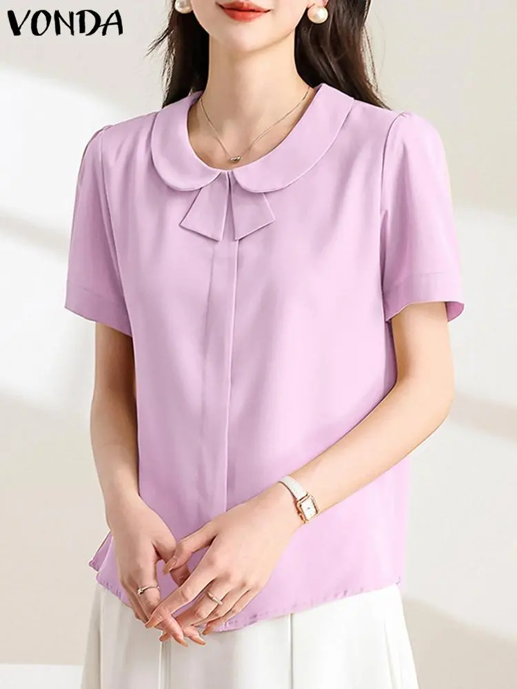 VONDA Women Blouse Fashion Tunic Lapel Casual Loose Solid Color Tops 2024 Summer Short Sleeve Shirts Elegant Blusas Femininas