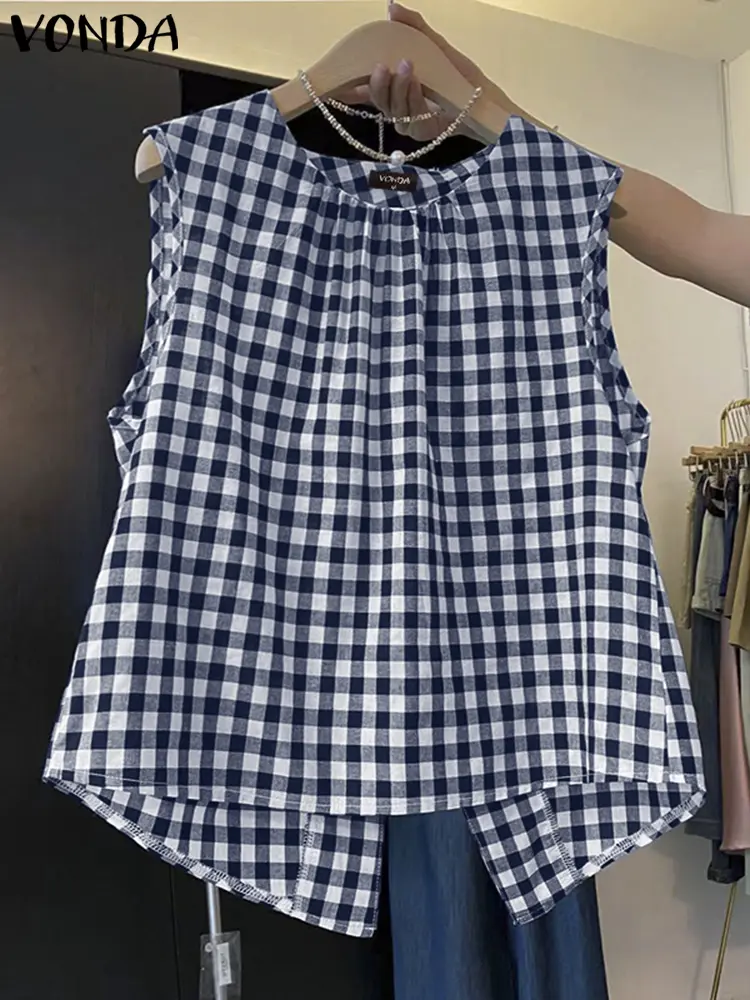 VONDA Women Plaid Blouse Casual Tank Tops 2025 Summer Back Split Blusas Loose Female O-Neck Sleeveless Party Tunic Oversized