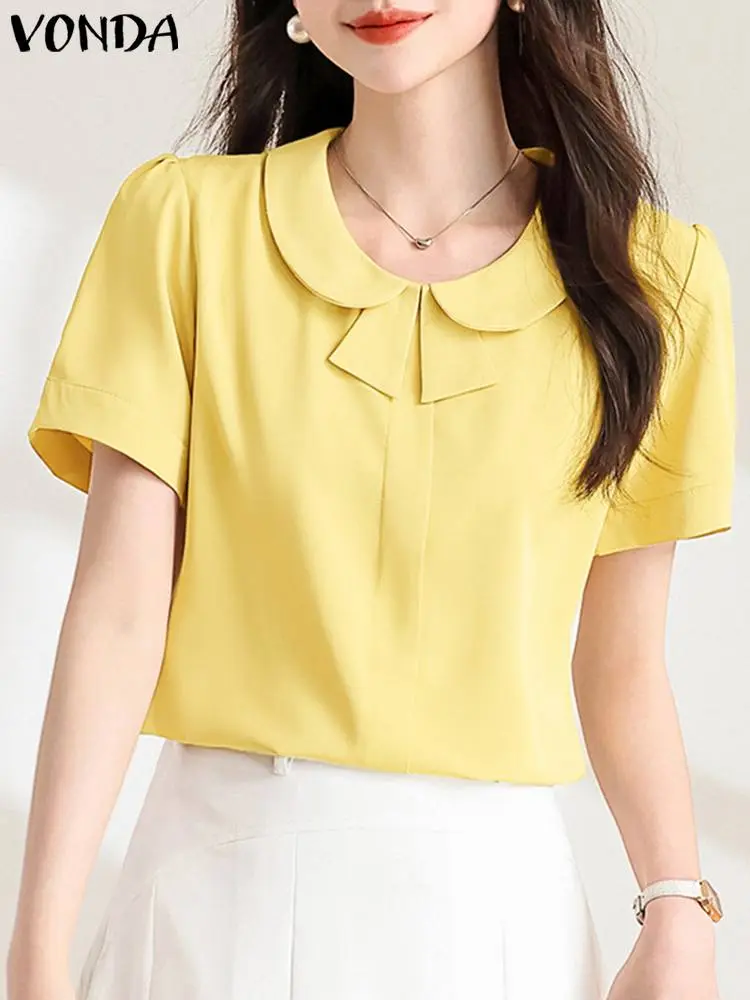 VONDA Women Blouse Fashion Tunic Lapel Casual Loose Solid Color Tops 2024 Summer Short Sleeve Shirts Elegant Blusas Femininas