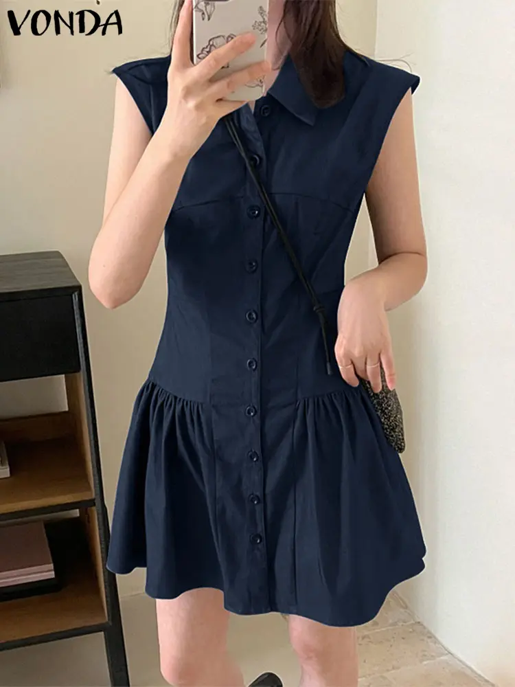 VONDA Summer Dress Women Sleeveless Tank Mini Sundress 2025 Casual Solid Lapel Buttons Elegant Ruffled Vestidos Loose Short Robe