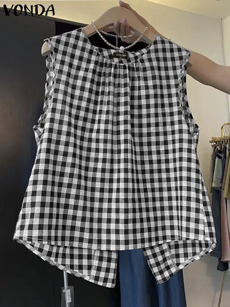 VONDA Women Plaid Blouse Casual Tank Tops 2025 Summer Back Split Blusas Loose Female O-Neck Sleeveless Party Tunic Oversized