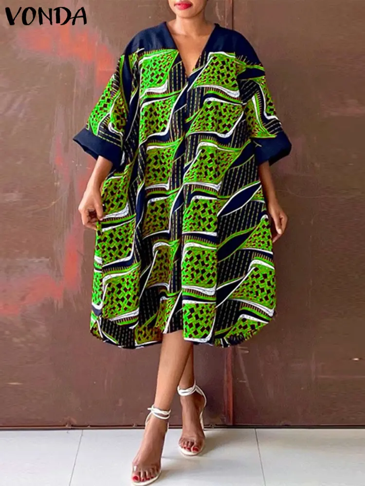 Plus Size 5XL VONDA Women Summer Dress 2025 Bohemian Beach Sundress Printed Midi Vestidos 3/4 Sleeve Casual Loose V Neck Robe