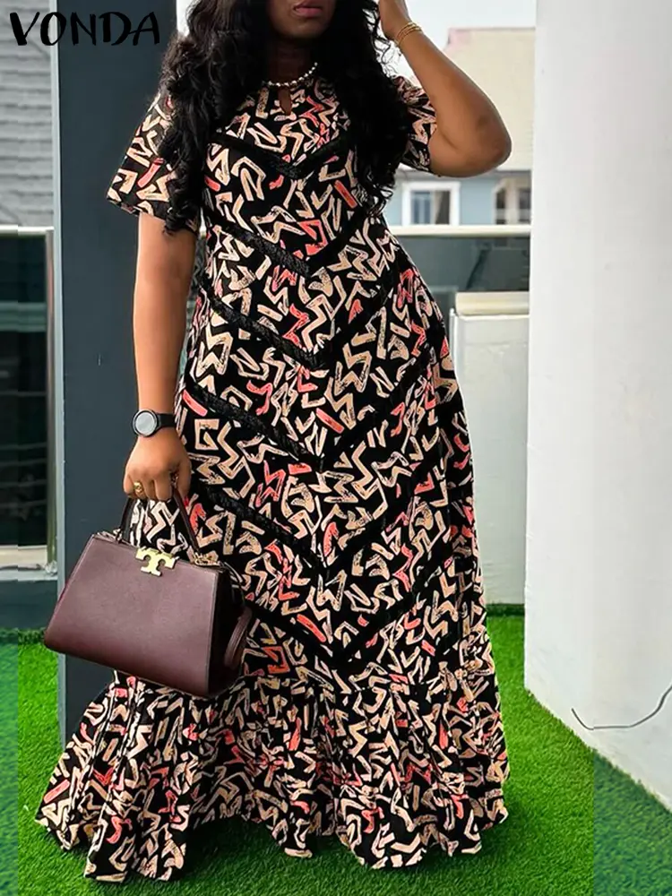 VONDA Women Bohemian Maxi Dress 2025 Vintage Printed Short Sleeve Summer Party Vestidos Casual A-line Robe V-Neck Vestidos