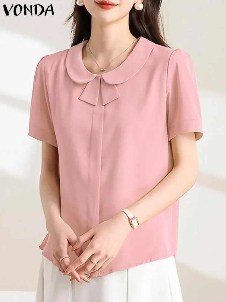 VONDA Women Blouse Fashion Tunic Lapel Casual Loose Solid Color Tops 2024 Summer Short Sleeve Shirts Elegant Blusas Femininas