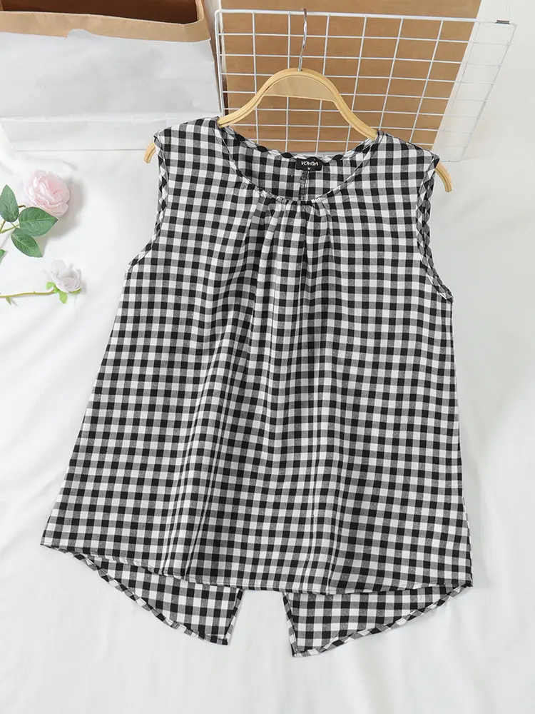 VONDA Women Plaid Blouse Casual Tank Tops 2025 Summer Back Split Blusas Loose Female O-Neck Sleeveless Party Tunic Oversized