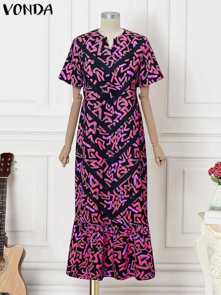 VONDA Women Bohemian Maxi Dress 2025 Vintage Printed Short Sleeve Summer Party Vestidos Casual A-line Robe V-Neck Vestidos