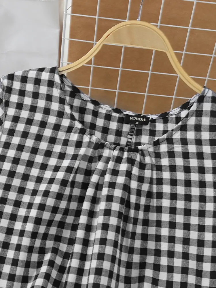 VONDA Women Plaid Blouse Casual Tank Tops 2025 Summer Back Split Blusas Loose Female O-Neck Sleeveless Party Tunic Oversized