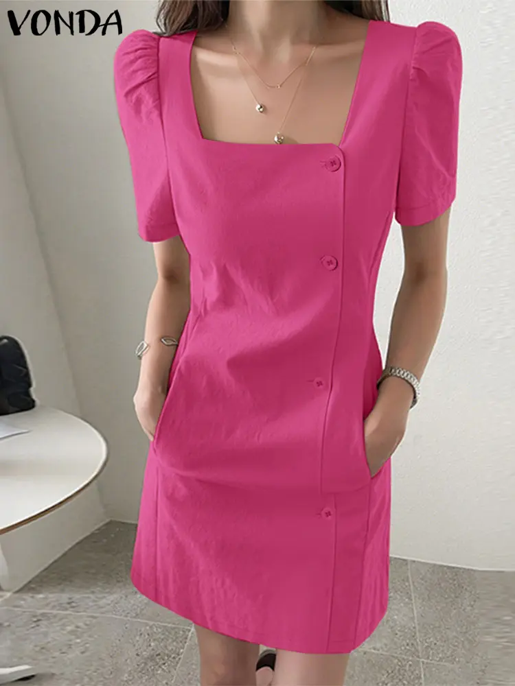 Women Mini Dress VONDA 2025 Summer Vestidos Short Puff Sleeve Square Collar Solid Casual Sundress Pockets Buttons Oversized Robe