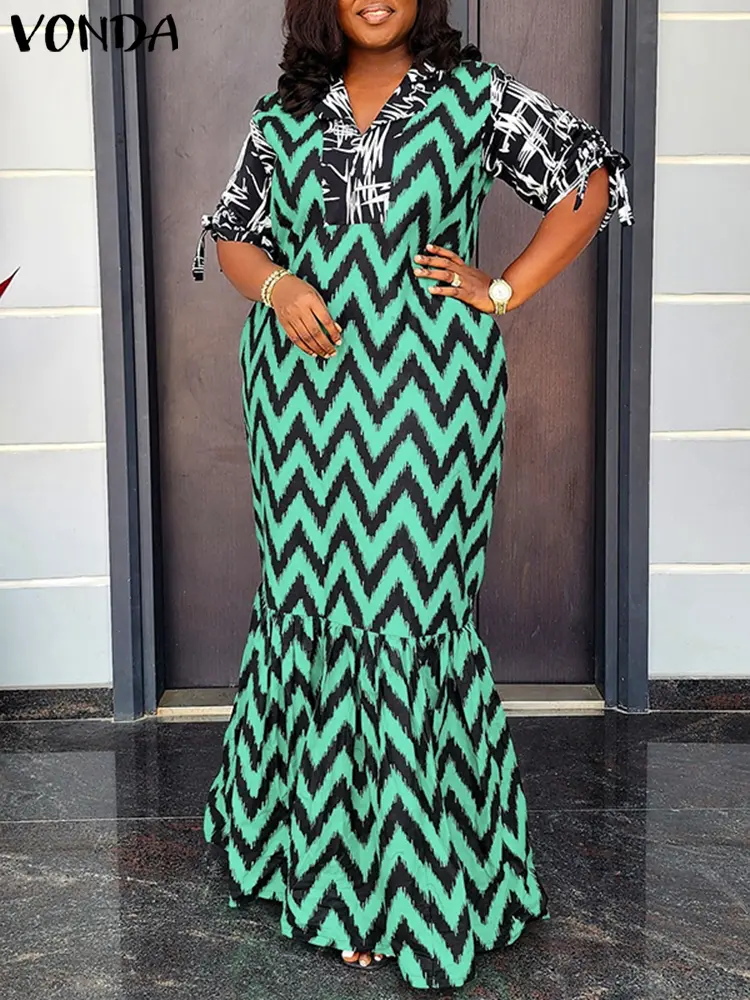 Plus Size VONDA Women Summer Dress Print Sundress Retro Half Sleeve Casual Long Maxi Vestidos Bohemian V-Neck Ruffled Party Robe