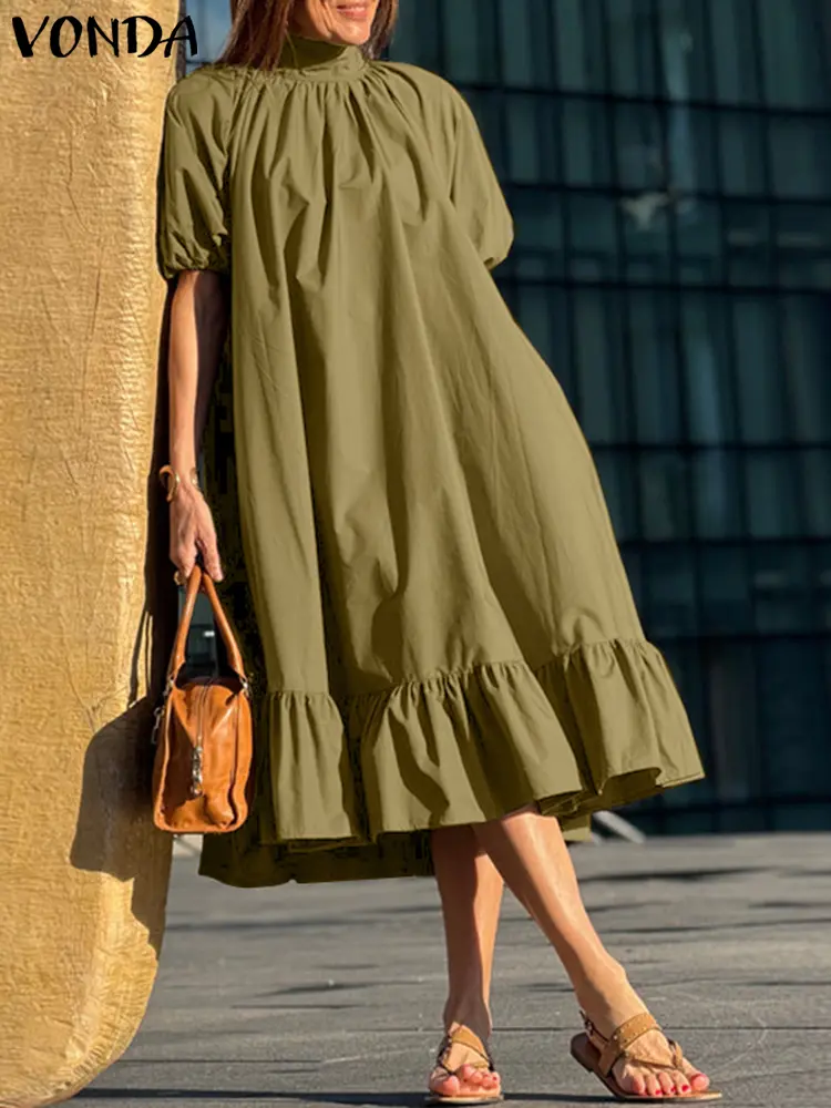 Plus Size 5XL VONDA Short Sleeve Dress Women Solid Ruffled Midi Sundress Elegant OL Work Vestidos 2025 Bow Tie Neck Casual Robe