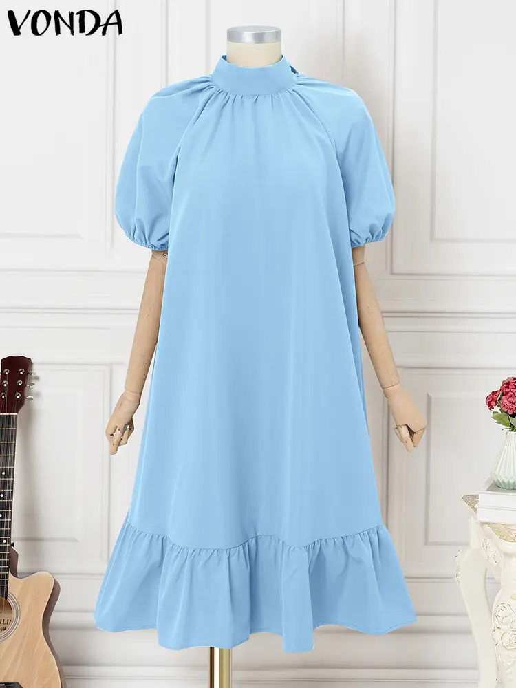 Plus Size 5XL VONDA Short Sleeve Dress Women Solid Ruffled Midi Sundress Elegant OL Work Vestidos 2025 Bow Tie Neck Casual Robe