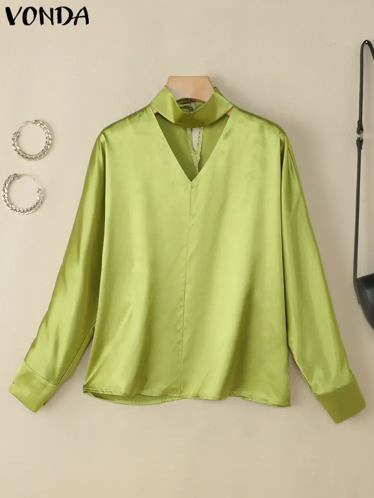 VONDA Elegant Women Satin Silk Blouse Fashion V Neck Tops 2025 Summer Solid Color Work OL Tunic Casual 3/4 Sleeve Blusas S-3XL