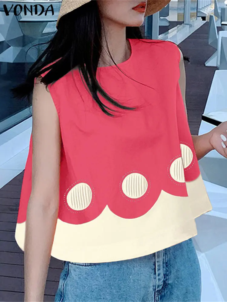 VONDA Bohemian Top Summer Women Tees 2025 Sleeveless Tank Tops Printed Shirts Round Neck Tunic Casual Loose Korean Tanks
