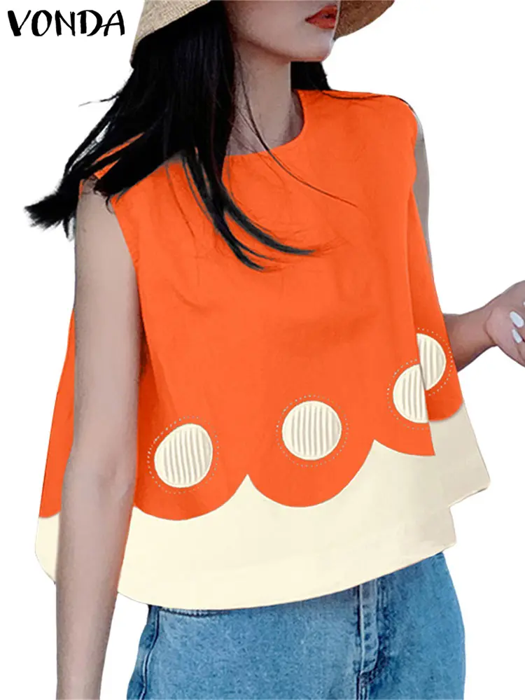 VONDA Bohemian Top Summer Women Tees 2025 Sleeveless Tank Tops Printed Shirts Round Neck Tunic Casual Loose Korean Tanks