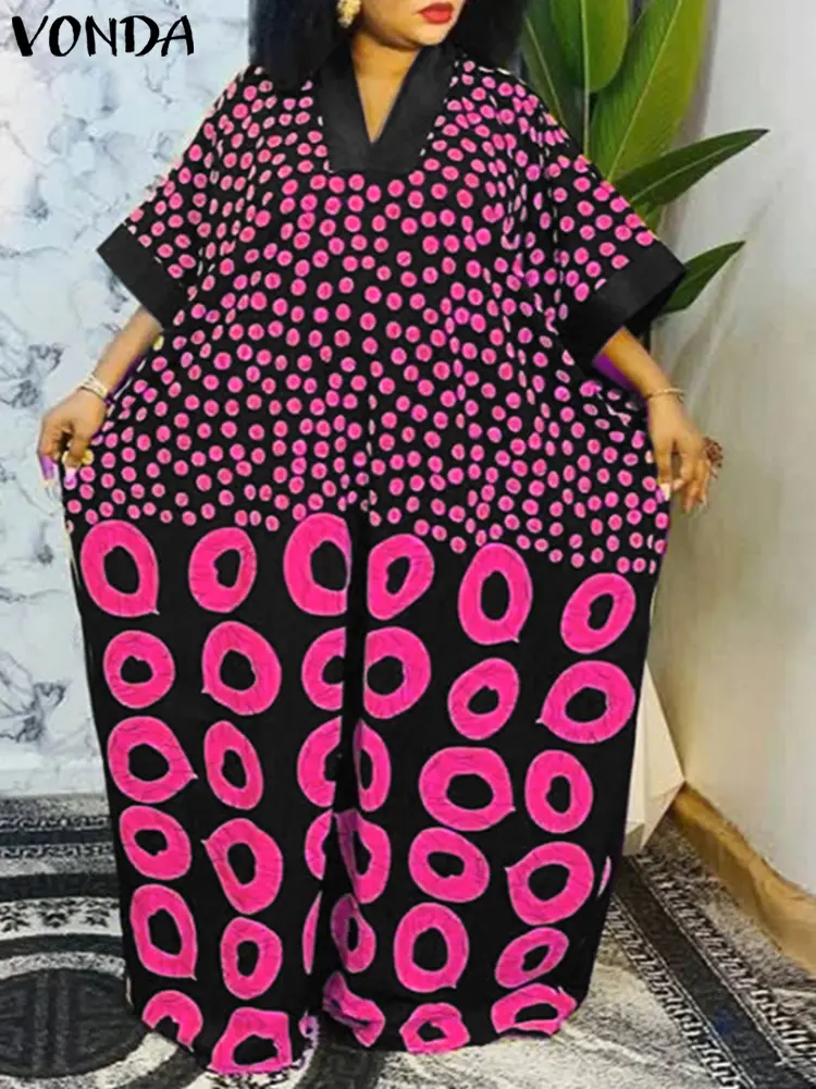 VONDA Summer Printing Dress Women Maxi Long Sundress 2025 Vintage V-Neck Patchwork Robe Casual Loose Polka Dot Party Vestidos