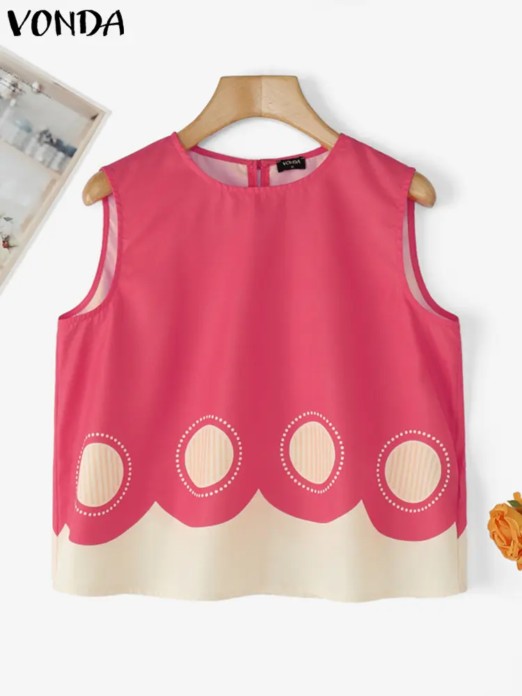 VONDA Bohemian Top Summer Women Tees 2025 Sleeveless Tank Tops Printed Shirts Round Neck Tunic Casual Loose Korean Tanks