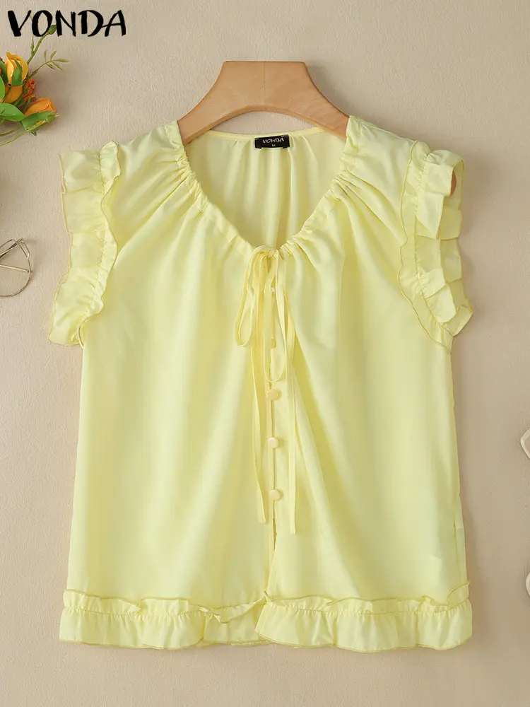 Ruffled Tops Women Solid Tanks 2025 VONDA Casual Sleeveless Beach Wear Fashion Lace-Up V Neck Tees Summer Holiday Camis Oversize