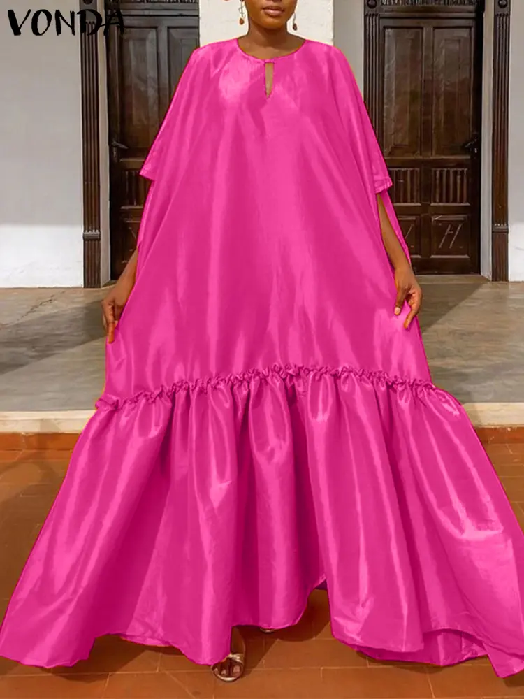 VONDA Summer Maxi Long Dress Women Satin Sundress 2025 Half Sleeve Ruffled Elegant Solid Casual Hollow Party Vestidos Oversized