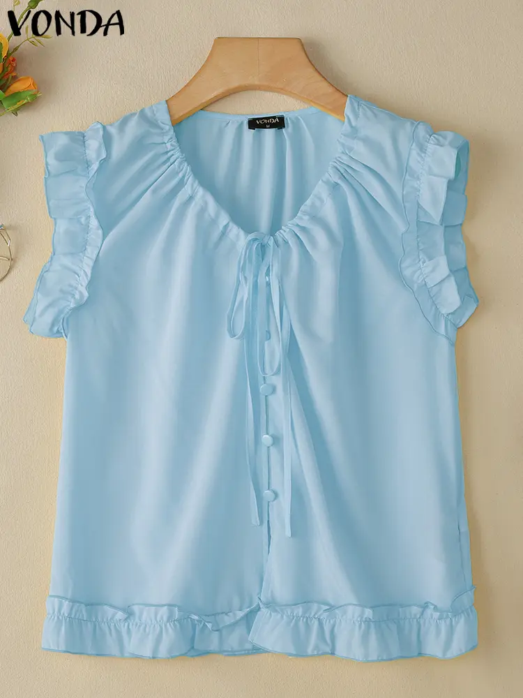 Ruffled Tops Women Solid Tanks 2025 VONDA Casual Sleeveless Beach Wear Fashion Lace-Up V Neck Tees Summer Holiday Camis Oversize
