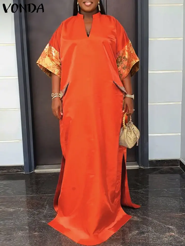 VONDA Satin Silk Maxi Dress Women Summer Sundress Short Sleeve Party Vestidos 2025 Vintage V Neck Solid Color Robe Oversized
