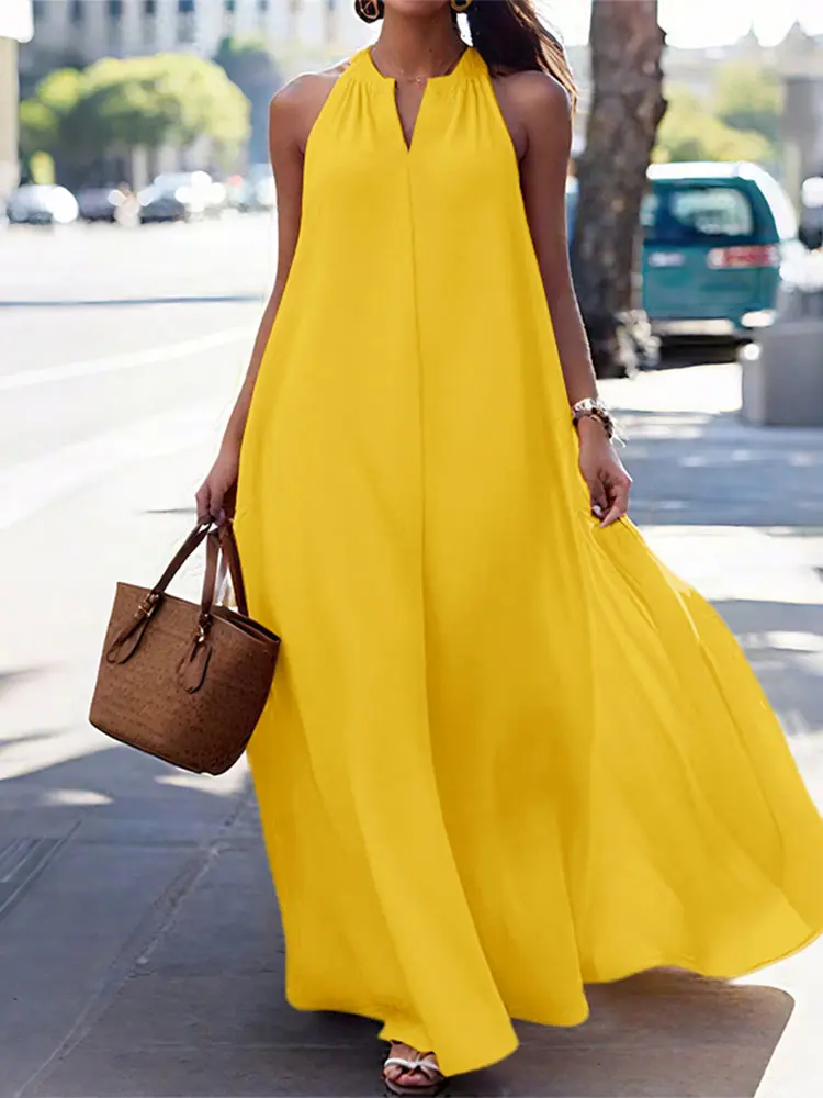 VONDA Sleeveless Long Dress Oversized Women Halter Maxi Sundress Summer 2025 Fashion Casual Beach Vestido Solid V-Neck Sexy Robe
