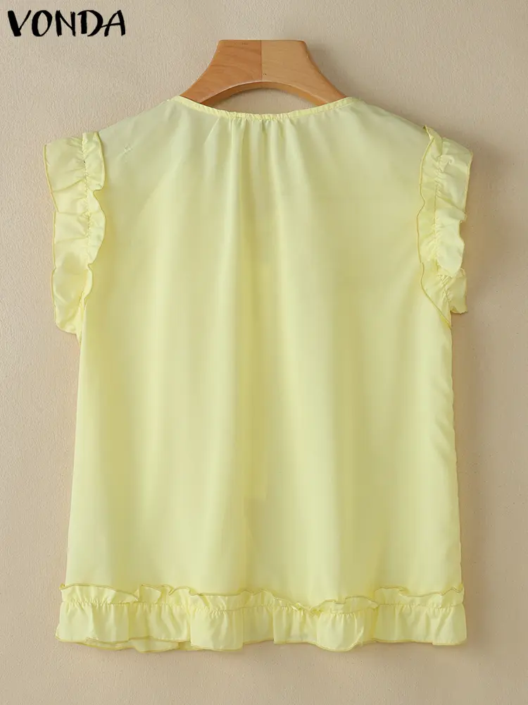 Ruffled Tops Women Solid Tanks 2025 VONDA Casual Sleeveless Beach Wear Fashion Lace-Up V Neck Tees Summer Holiday Camis Oversize