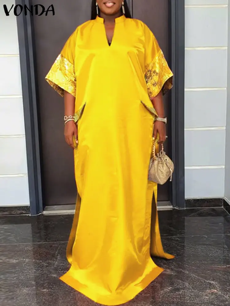 VONDA Satin Silk Maxi Dress Women Summer Sundress Short Sleeve Party Vestidos 2025 Vintage V Neck Solid Color Robe Oversized