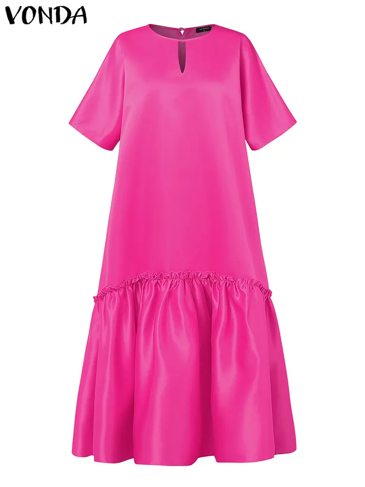 VONDA Summer Maxi Long Dress Women Satin Sundress 2025 Half Sleeve Ruffled Elegant Solid Casual Hollow Party Vestidos Oversized