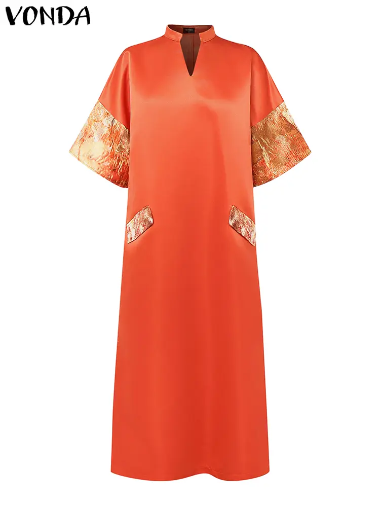 VONDA Satin Silk Maxi Dress Women Summer Sundress Short Sleeve Party Vestidos 2025 Vintage V Neck Solid Color Robe Oversized