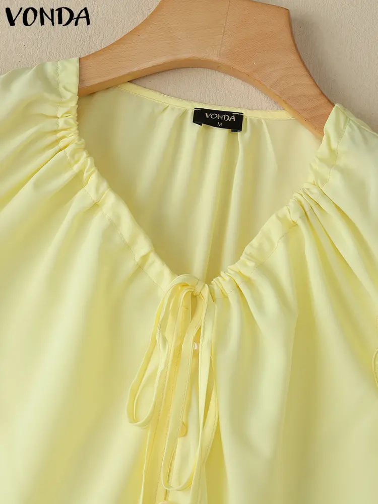 Ruffled Tops Women Solid Tanks 2025 VONDA Casual Sleeveless Beach Wear Fashion Lace-Up V Neck Tees Summer Holiday Camis Oversize