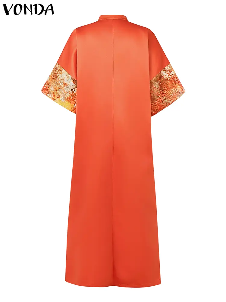 VONDA Satin Silk Maxi Dress Women Summer Sundress Short Sleeve Party Vestidos 2025 Vintage V Neck Solid Color Robe Oversized