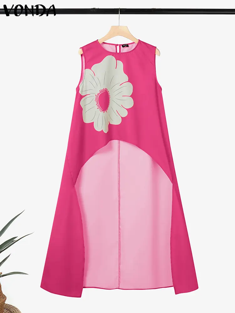 Plus Size VONDA Women Tank Tops Summer Asymmetrical Long Tops 2025 Fashion Floral Print Casual Tees Bohemian Sleeveless Shirts